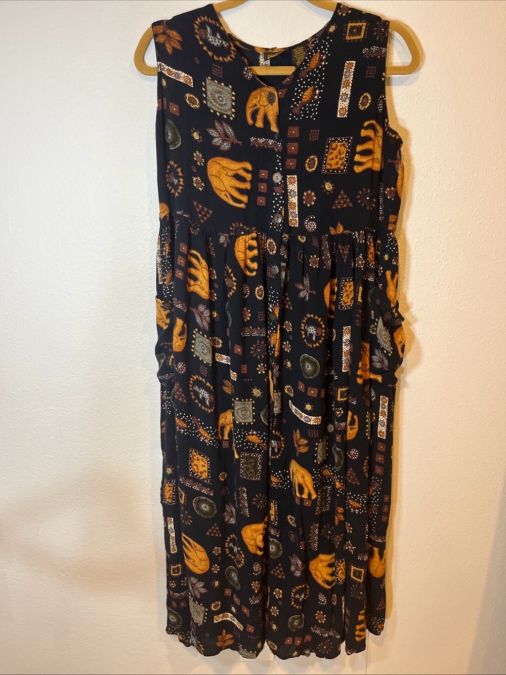 Btg Bila Midi Dress Womens L Boho Hippie Elephants Button Front Sleeveless Baggy - Picture 4 of 12